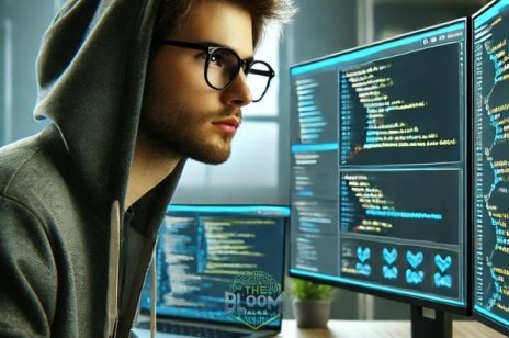 App development coder focused on three screens with code running, young man in hoodie and glasses, developing apps in a high-tech workspace.
