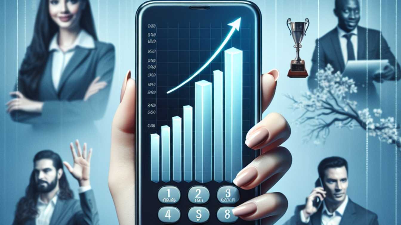 Hand holding a smartphone showing a rising bar chart, surrounded by images of business professionals, a trophy, and growth symbols, representing the success and potential of cold calling in business development.