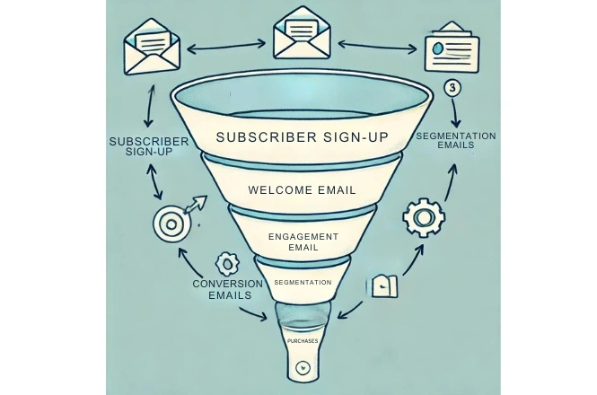 A visual showing the flow of an email marketing funnel, from subscriber sign-up to the final purchase.