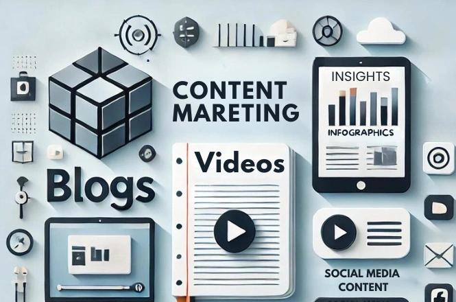 Content marketing representing blogs, videos, infographics, ebooks, and social media posts.