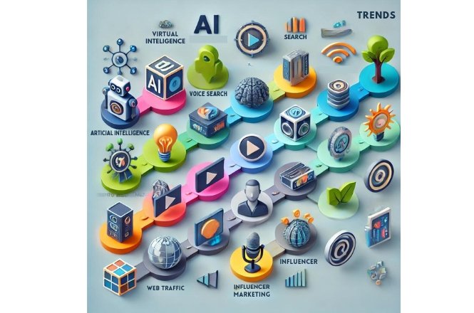 Image showcasing the future trends in digital marketing, highlighting key areas like AI, voice search, video content, AR/VR, data privacy, influencer marketing, and sustainability. This visual will help readers quickly grasp the emerging trends that will shape the future of digital marketing.