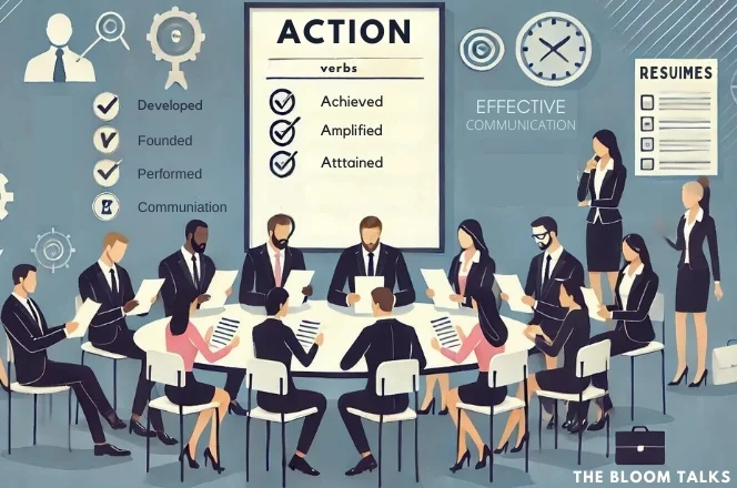 Professionals engaged in discussion around a table, with a whiteboard displaying action verbs like "Achieved" and "Amplified" for effective communication.