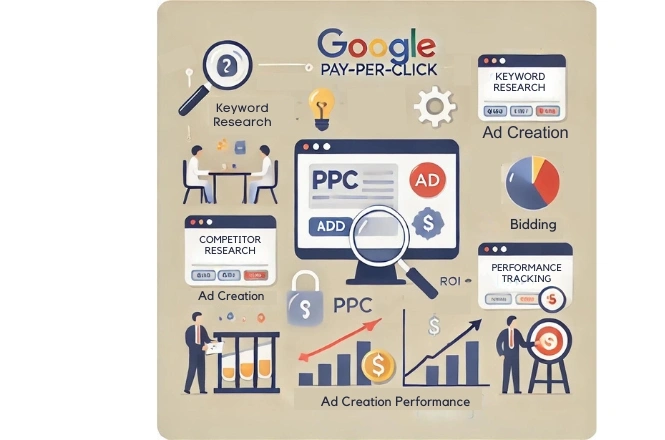 A step-by-step infographic showing how PPC advertising works, from choosing a platform to optimizing your campaign.