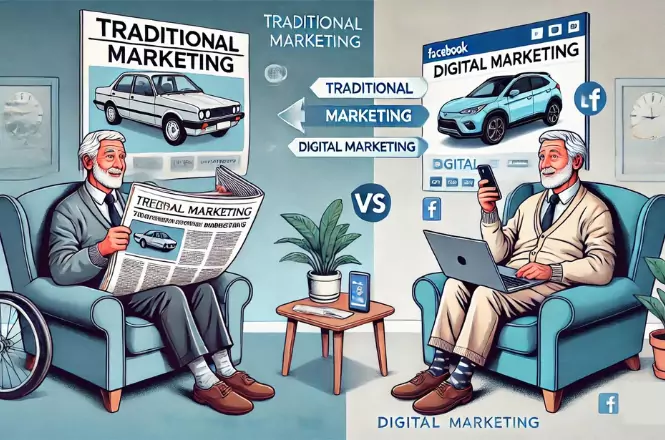 A comparison image showing traditional vs. digital marketing methods, highlighting the differences in reach, cost, and engagement.